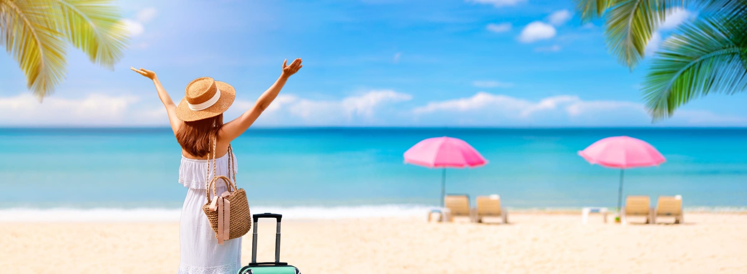 Traveler arriving at a beach resort